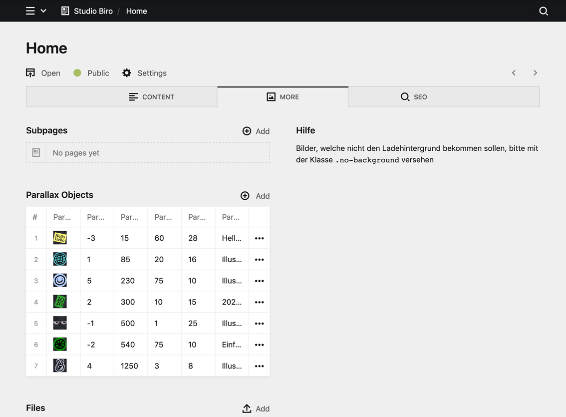 Backend screenshot of studio-biro.de