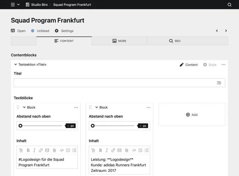 Backend screenshot of studio-biro.de
