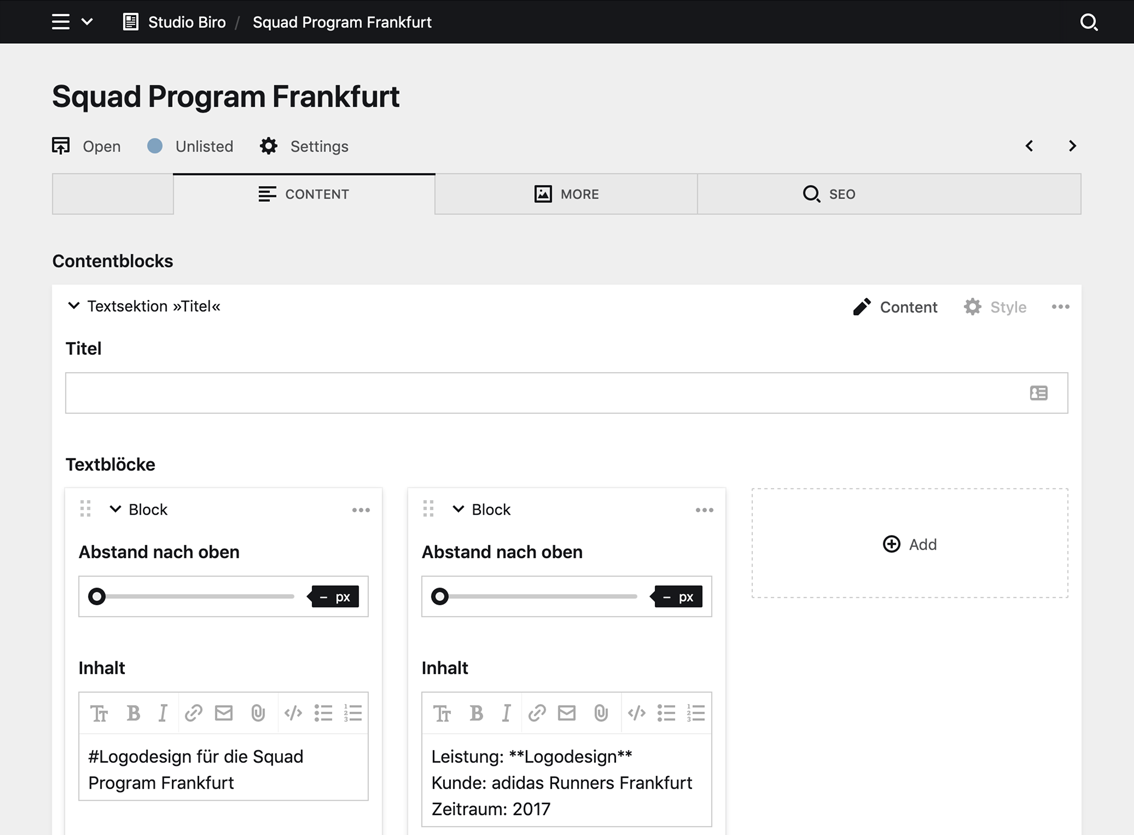 Backend screenshot of studio-biro.de