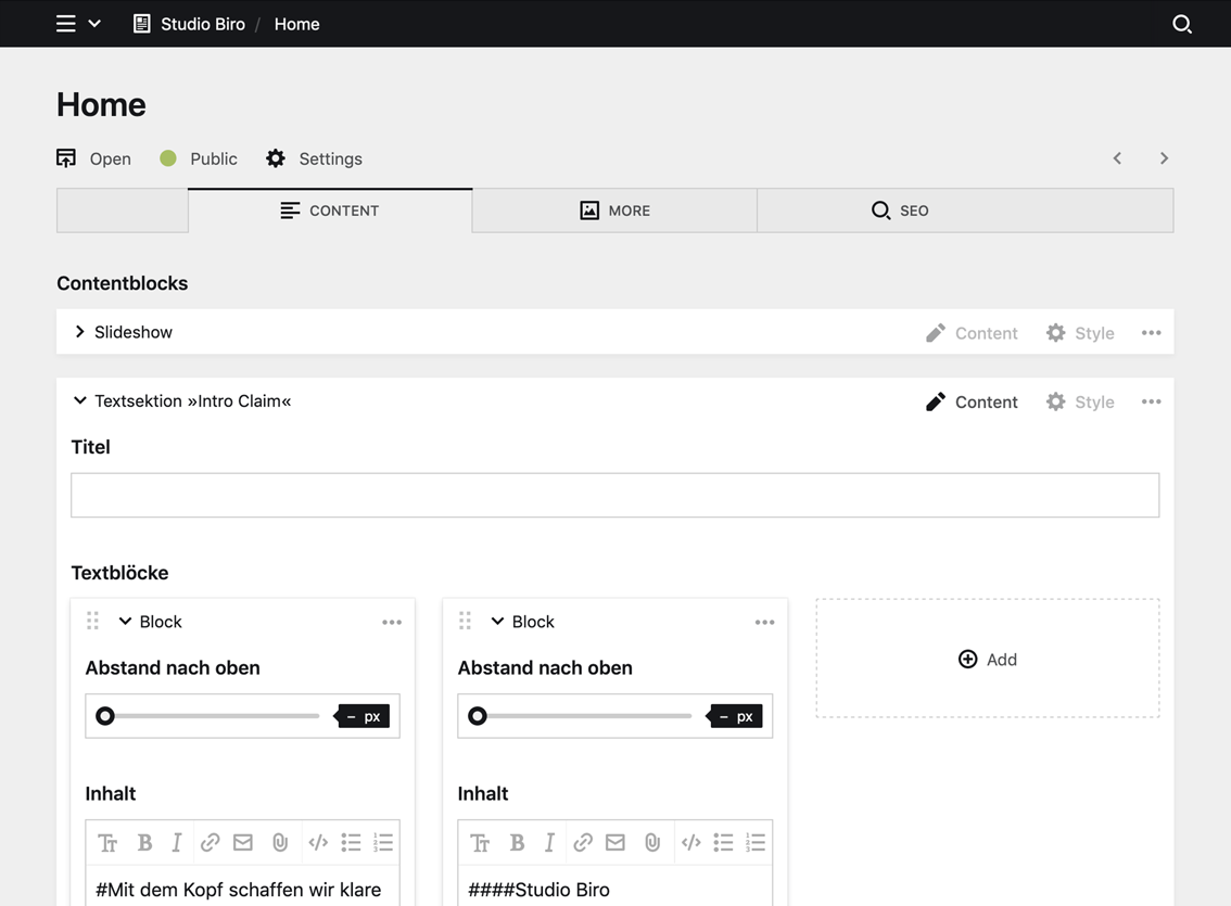 Backend screenshot of studio-biro.de