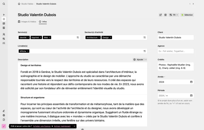 Backend screenshot of studiofables.com