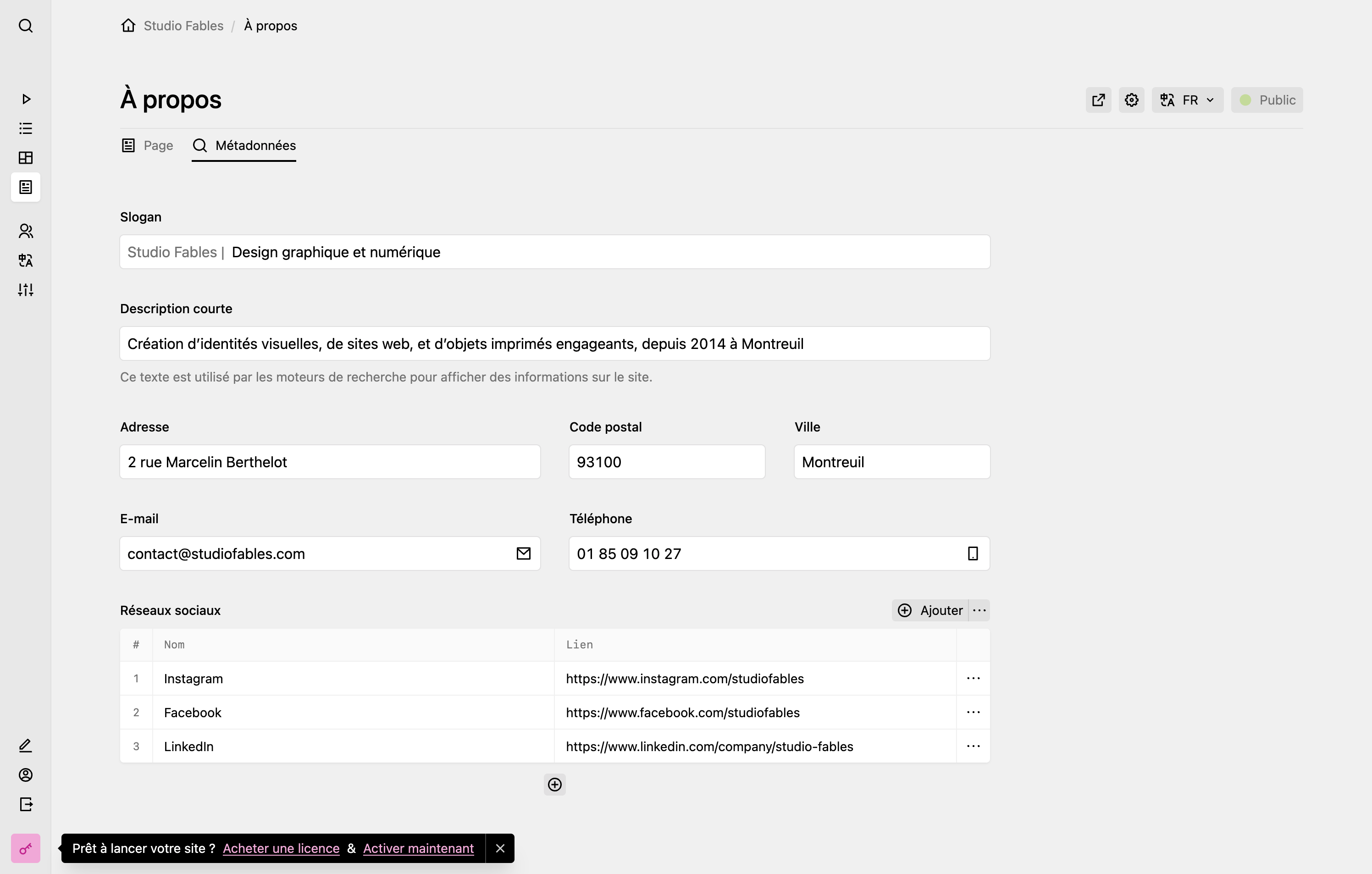 Backend screenshot of studiofables.com