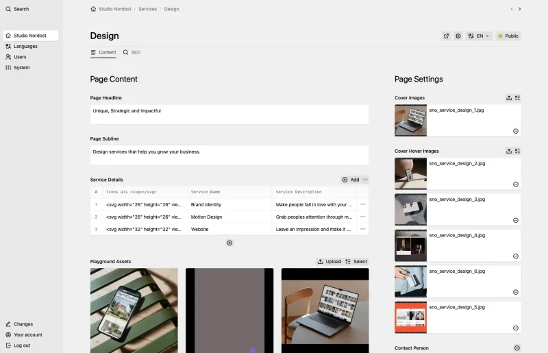 Screenshot of a Kirby Panel showing page content and settings, with a grid of thumbnail images on the right side and various configuration options visible.