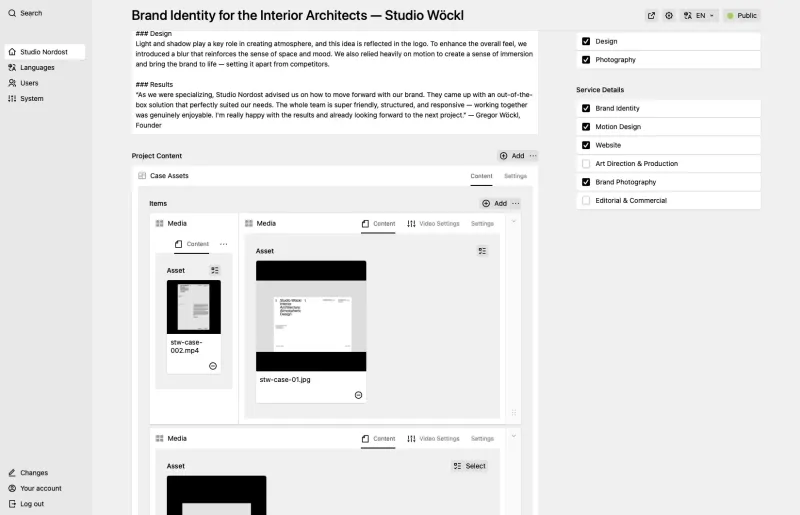 Screenshot of a Kirby Panel showing a brand identity design project for Studio Wockl, with multiple black and white design mockups or layout drafts displayed in a grid-like interface with various editing options and panels visible.