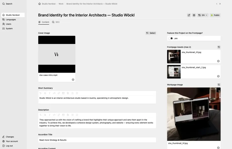 Screenshot of a Kirby Panel showing brand identity design for Studio Wockl, an interior architecture firm. The image displays a design workspace with a logo, black and white color scheme, and preview images of architectural design work on the right side.