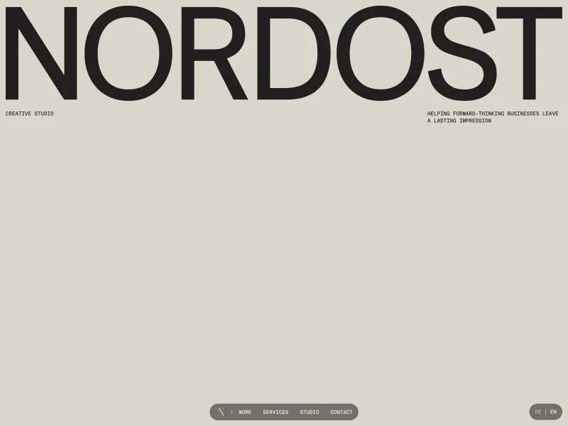 Website header with the word "NORDOST" in large black uppercase letters on a light gray background, with small text below saying CREATIVE STUDIO and HELPING FORWARD-THINKING BUSINESSES LEAVE A LASTING IMPRESSION