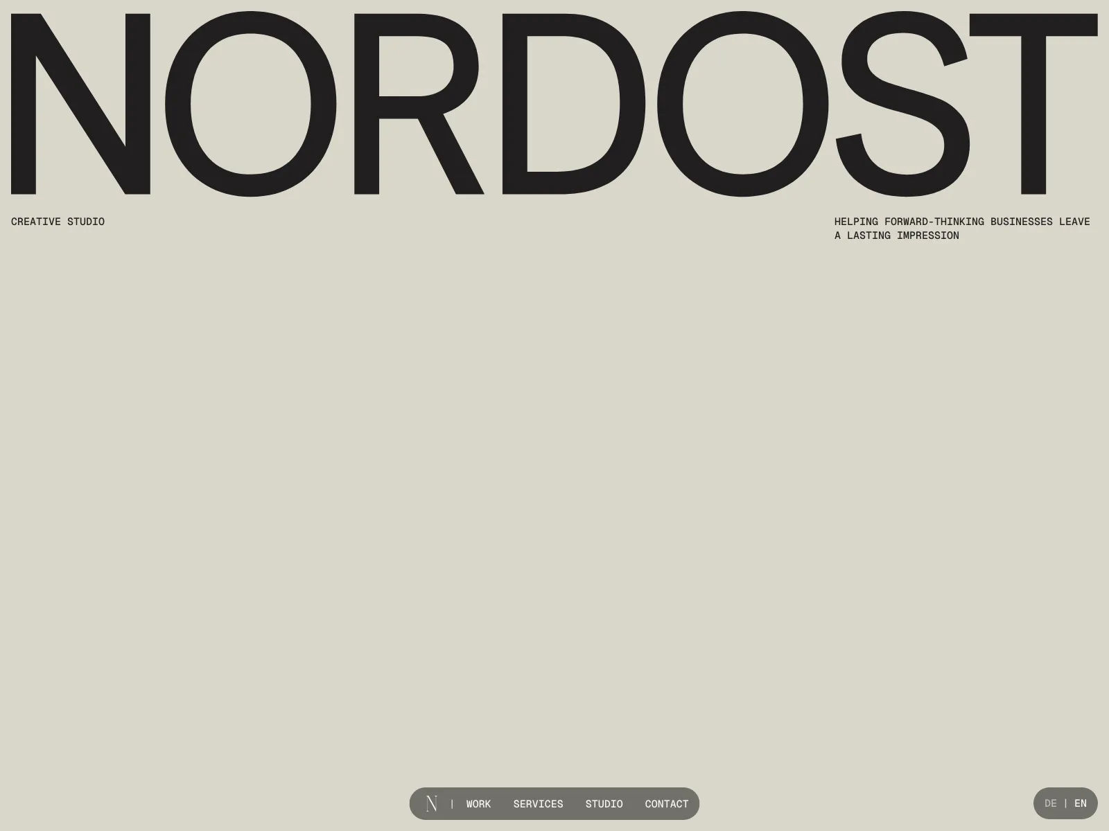Website header with the word "NORDOST" in large black uppercase letters on a light gray background, with small text below saying CREATIVE STUDIO and HELPING FORWARD-THINKING BUSINESSES LEAVE A LASTING IMPRESSION