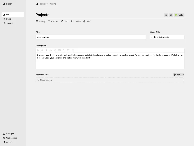 Backend screenshot of demo2.tablo.me