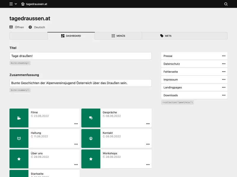 Backend screenshot of tagedraussen.at