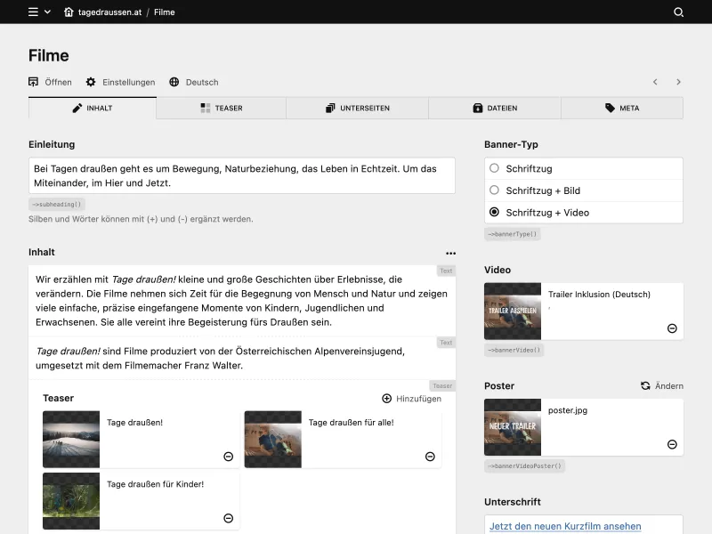 Backend screenshot of tagedraussen.at