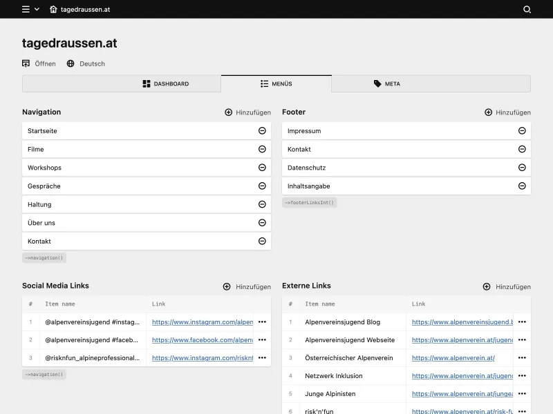 Backend screenshot of tagedraussen.at