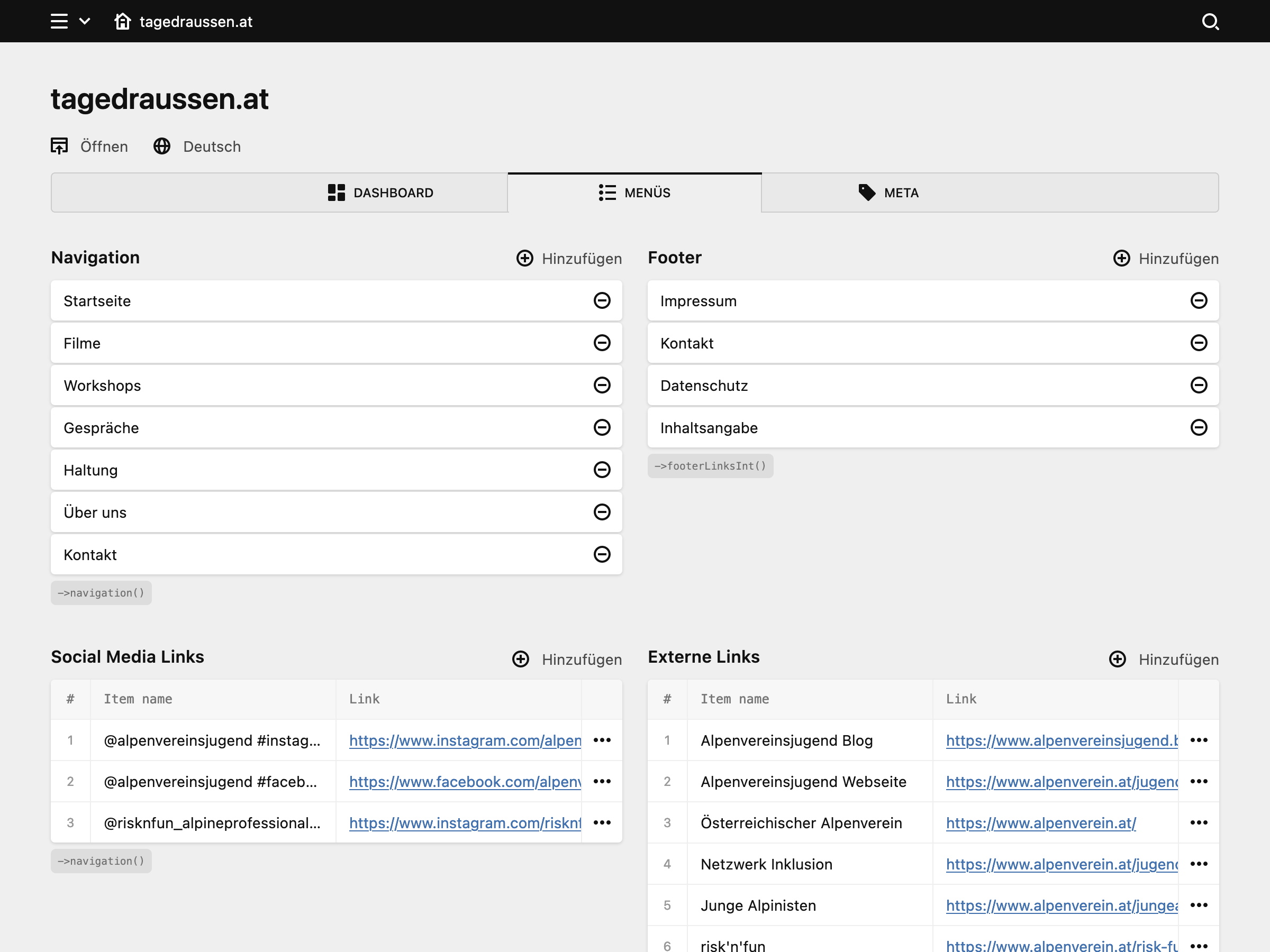 Backend screenshot of tagedraussen.at