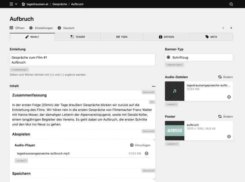 Backend screenshot of tagedraussen.at