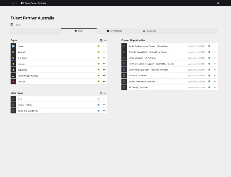 Backend screenshot of talentpartner.net.au