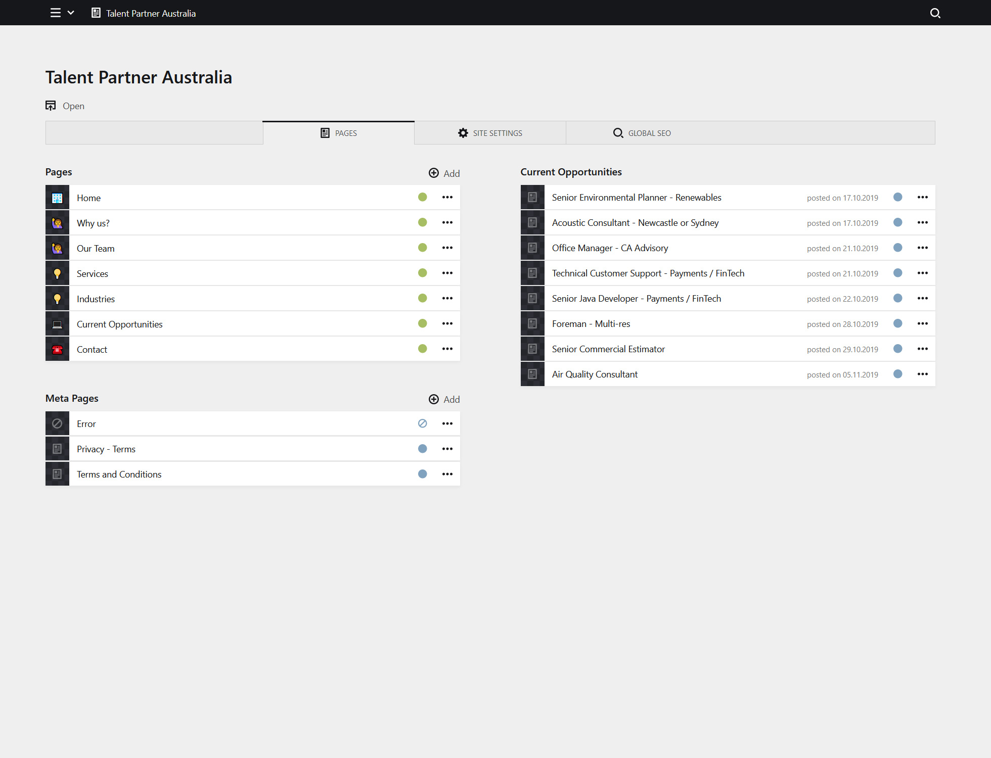 Backend screenshot of talentpartner.net.au