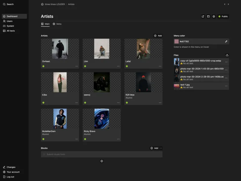 The "Artists" page showing a pages section with artist images, a blocks field and a sidebar with a "Menu color" field and some files in a section.