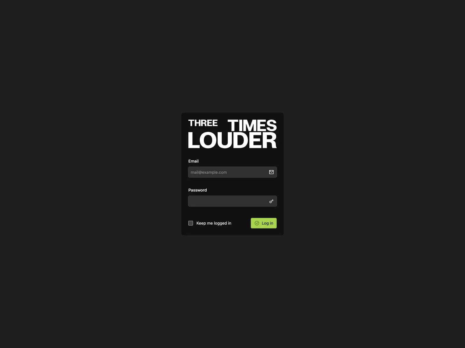 Kirby's login screen with a white three times LOUDER logo on top.