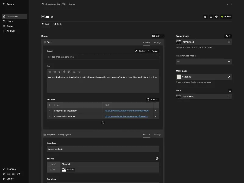 The "Home" page in the Panel, showing a blocks field with a text and projects block, and a sidebar with several settings using files, select and color fields.