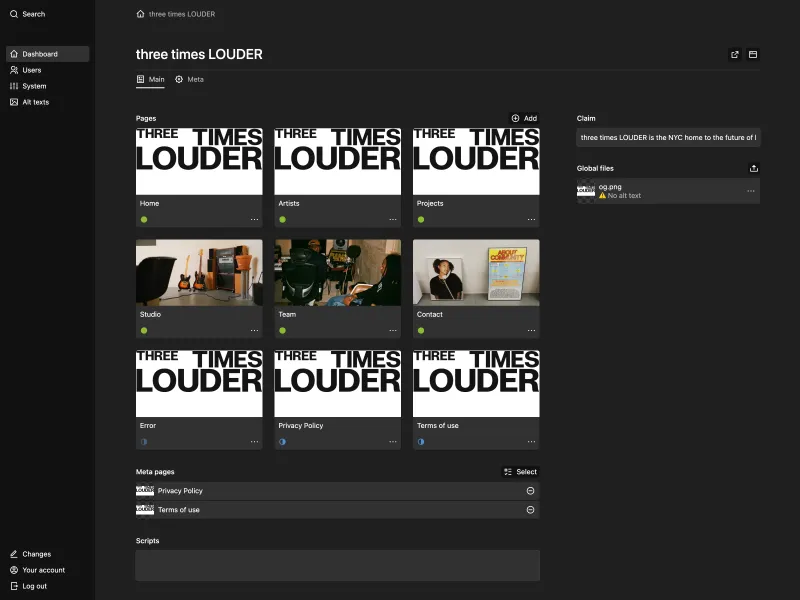 Kirby's dashboard showing a pages section with the cards layout for the pages, a "claim" field, a "global files" section, a "Meta pages" field and a "scripts" for adding custom code to the site.