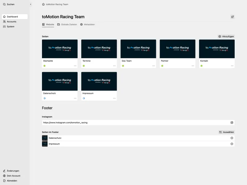 Backend screenshot of tomotion-racing.de