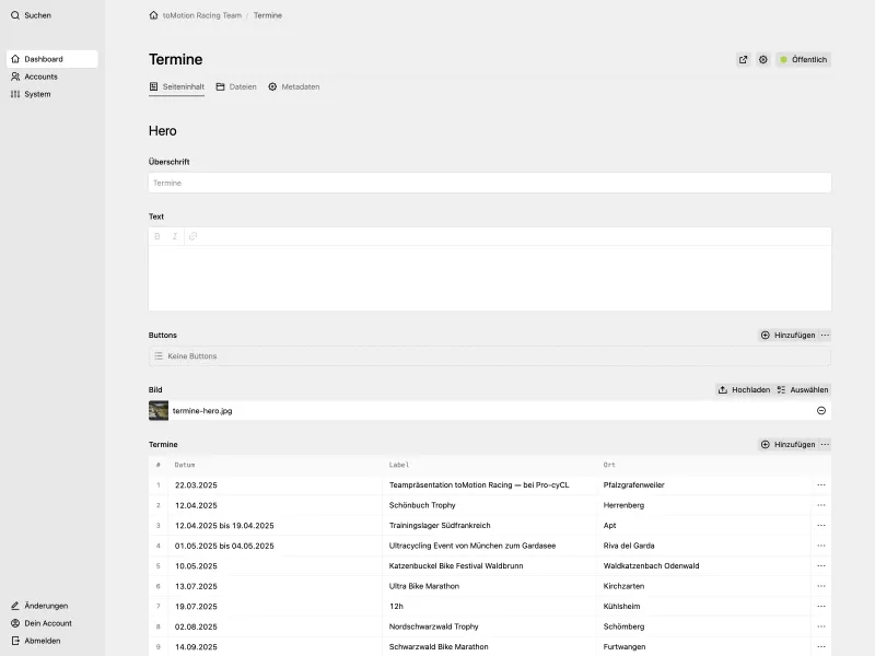 Backend screenshot of tomotion-racing.de