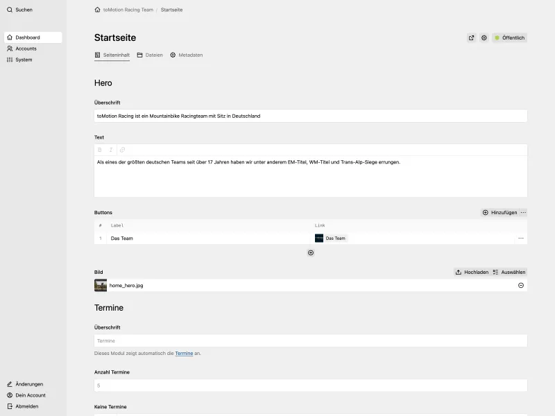 Backend screenshot of tomotion-racing.de
