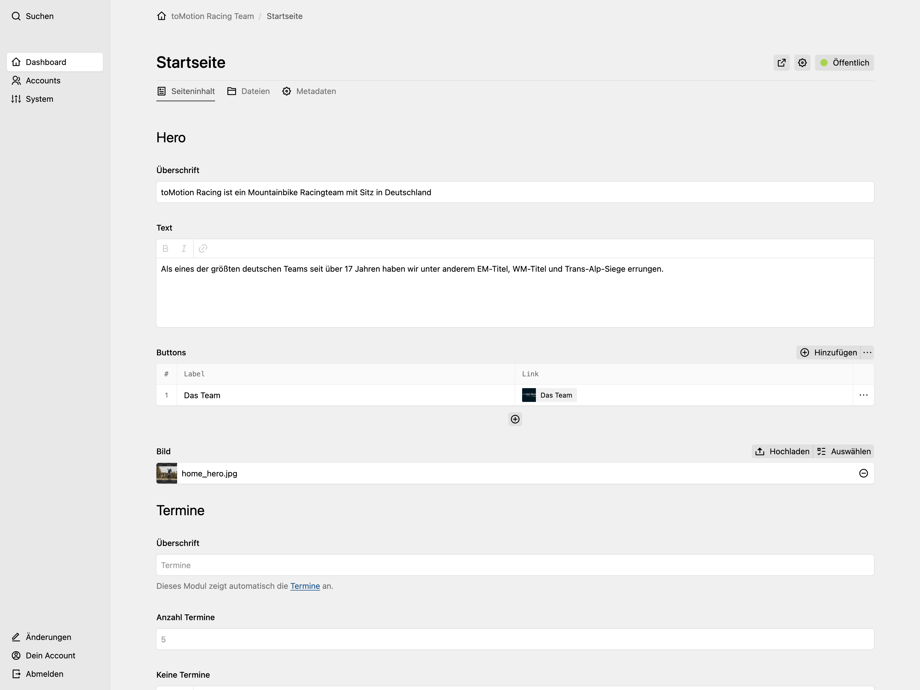 Backend screenshot of tomotion-racing.de