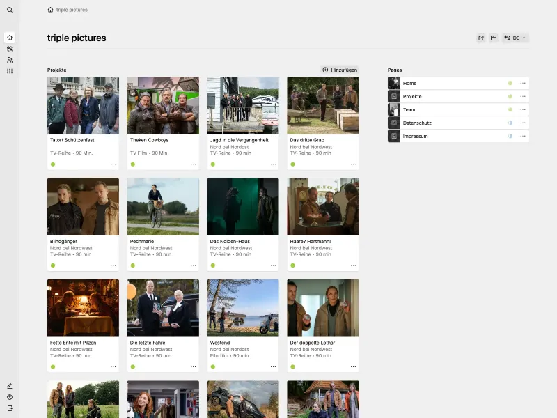 Screenshot of the Kirby Panel dashboard with a pages section with cards titled "Projekte" and a pages section with list items titled "Pages".