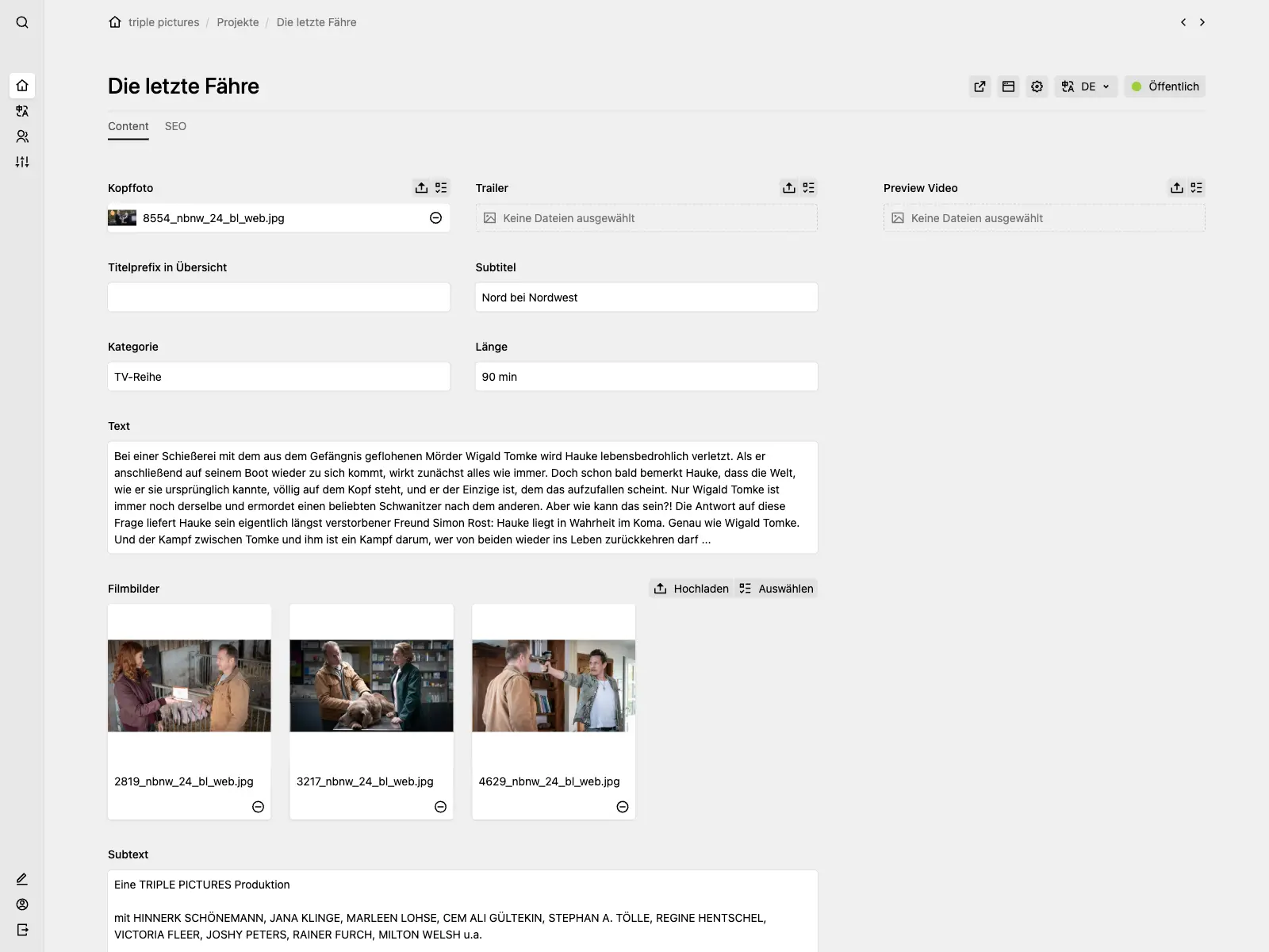 Screenshot of a page called "Die letzte Fähre" in the Kirby Panel with multiple files and text fields.