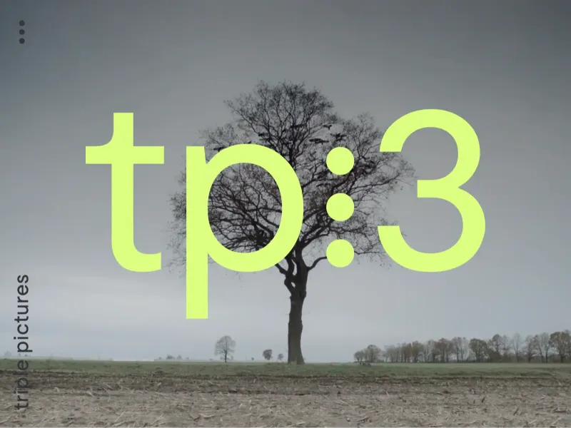 Screenshot of triplepictures.de with a fullscreen video background and a centered tp:3 logo in light green.