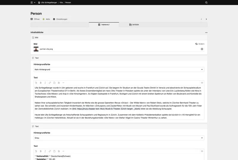 Backend screenshot of ulla-schlegelberger.ch