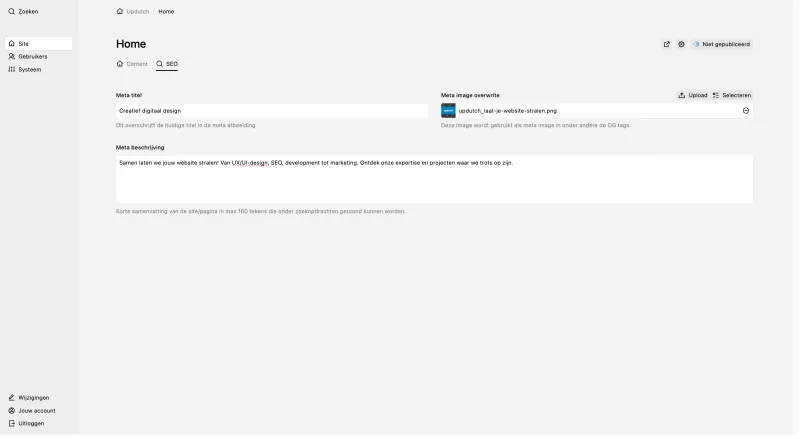 Backend screenshot of updutch.nl