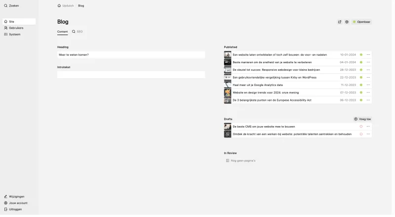Backend screenshot of updutch.nl
