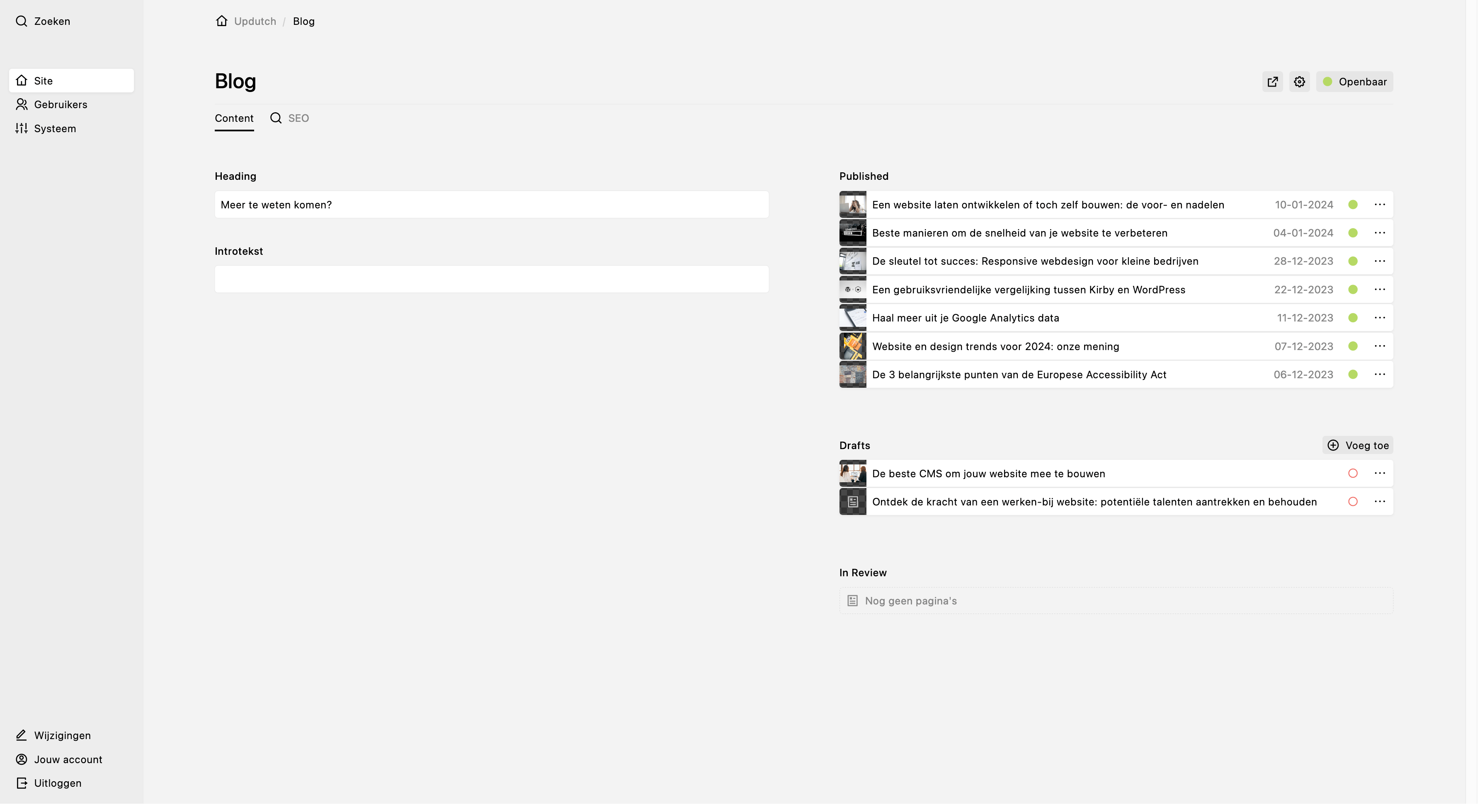 Backend screenshot of updutch.nl
