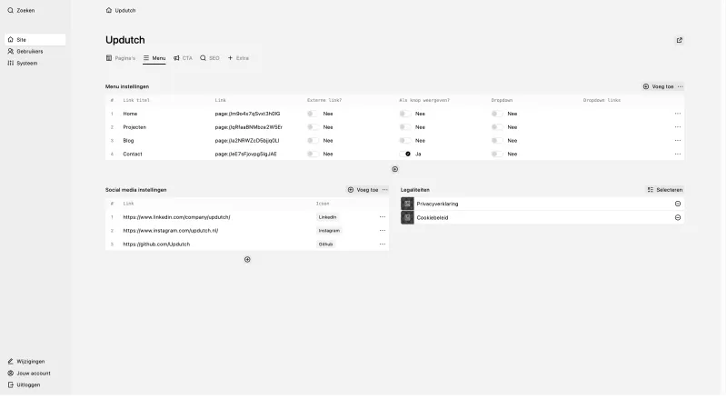 Backend screenshot of updutch.nl