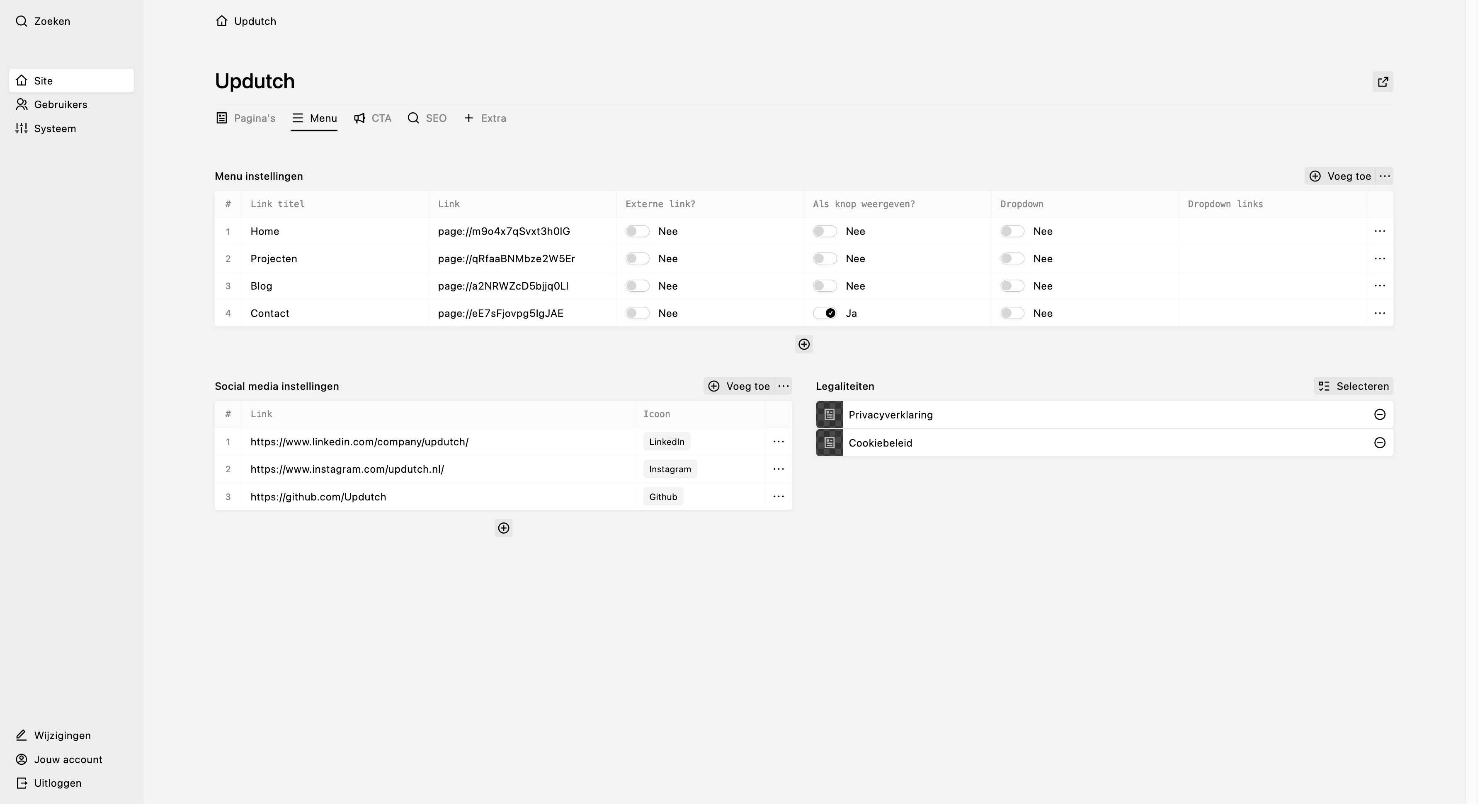 Backend screenshot of updutch.nl