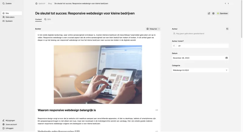 Backend screenshot of updutch.nl