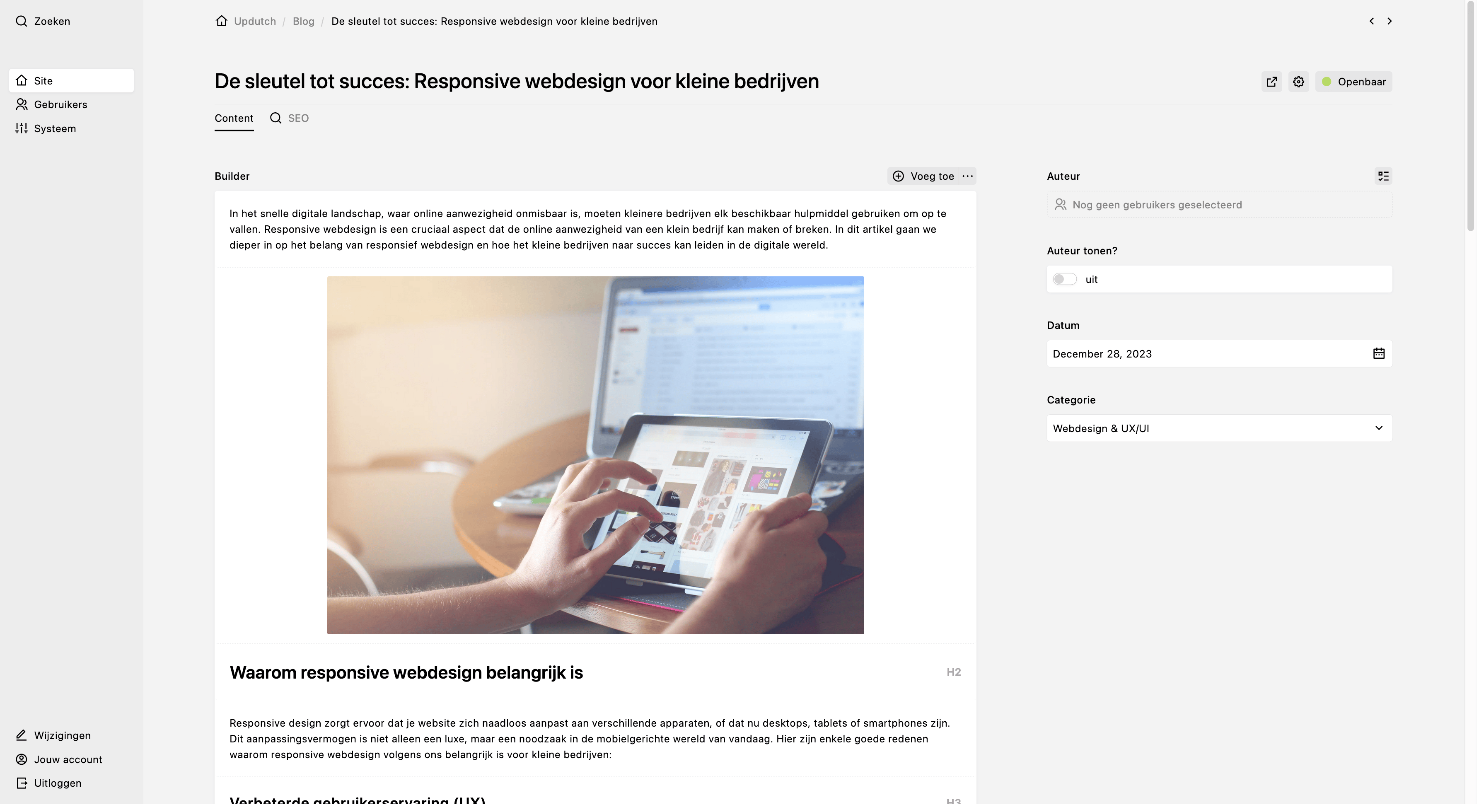 Backend screenshot of updutch.nl