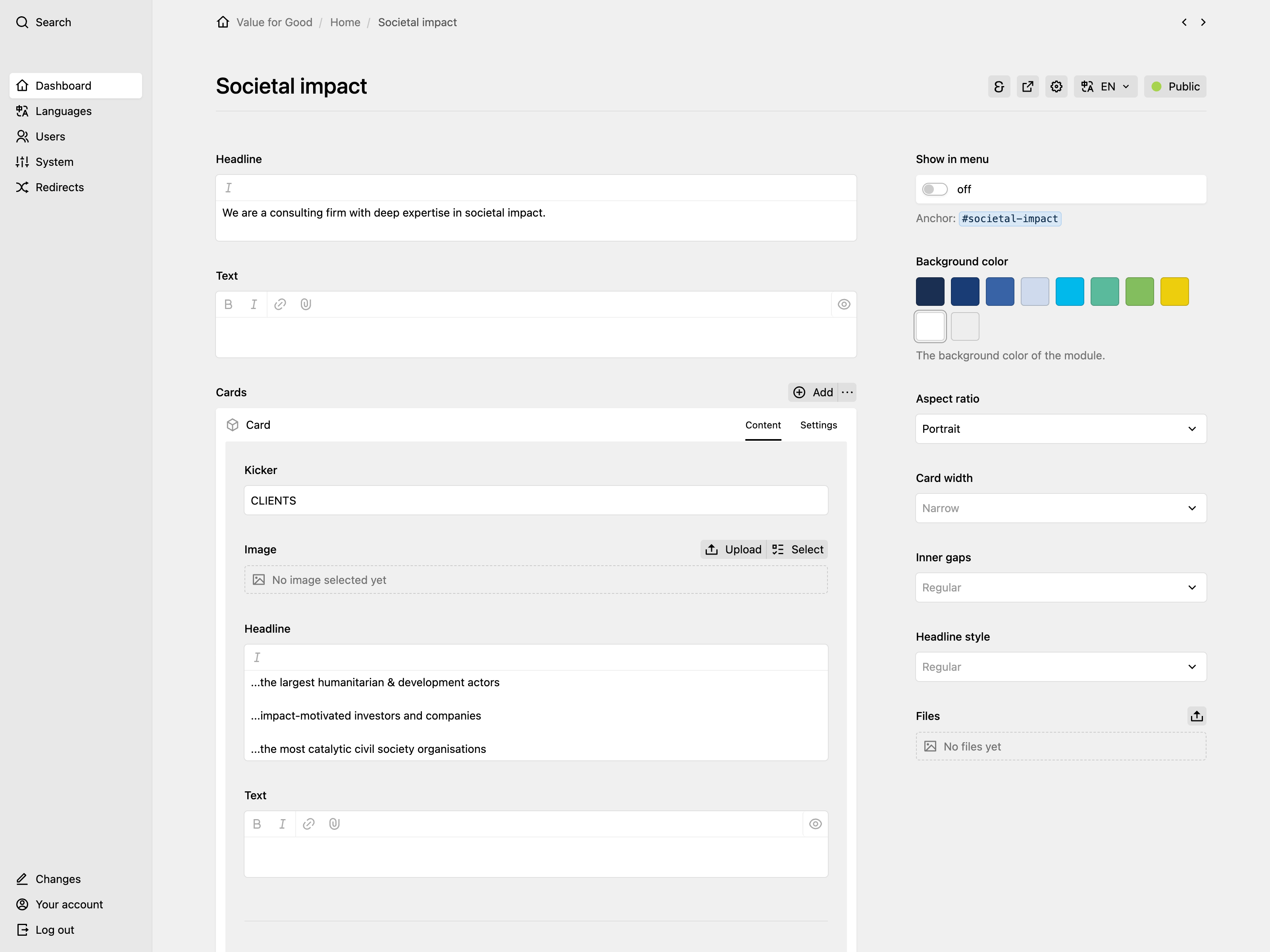 Backend screenshot of valueforgood.com