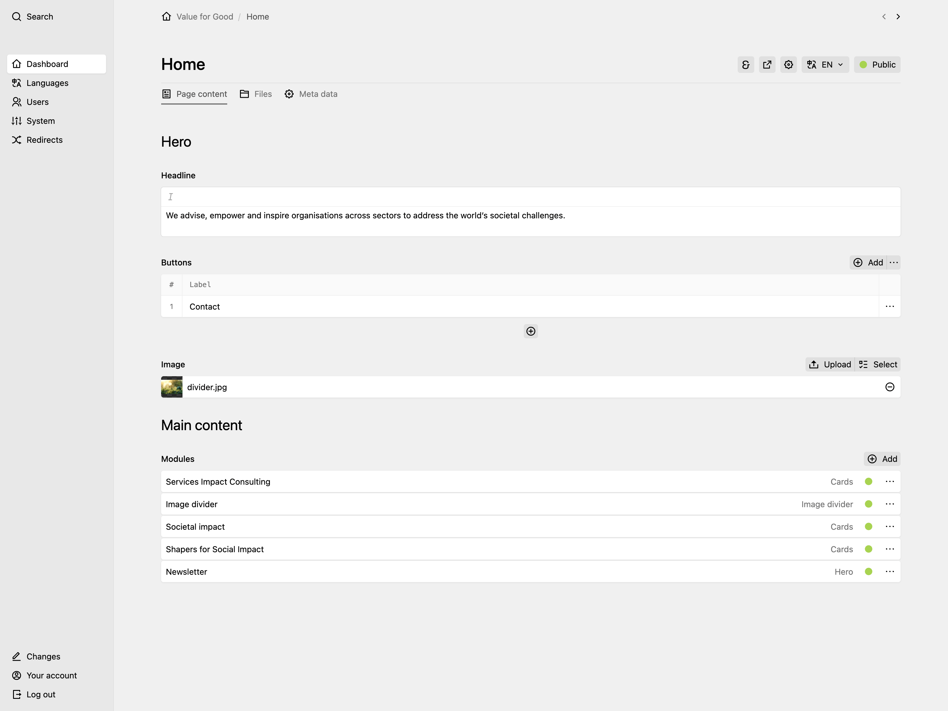 Backend screenshot of valueforgood.com