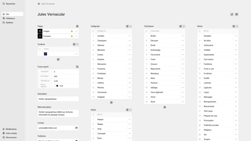 Kirby Panel dashboard showing a pages section, four structure fields for categories, techniques, series and styles, a colours structure field, fuzzy search settings, and fields for description, meta description, contact and Fediverse.