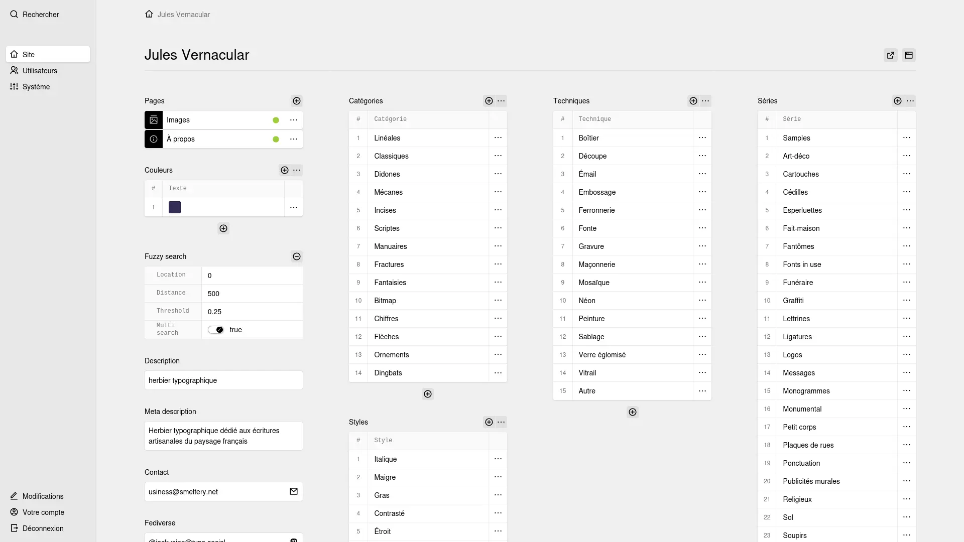 Kirby Panel dashboard showing a pages section, four structure fields for categories, techniques, series and styles, a colours structure field, fuzzy search settings, and fields for description, meta description, contact and Fediverse.