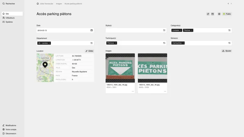 Panel page for a post showing a date field, multiselect tags fields for styles, categories, techniques, series and d&eacute;partement, a location section with map and coordinates, and a files section with image card previews.