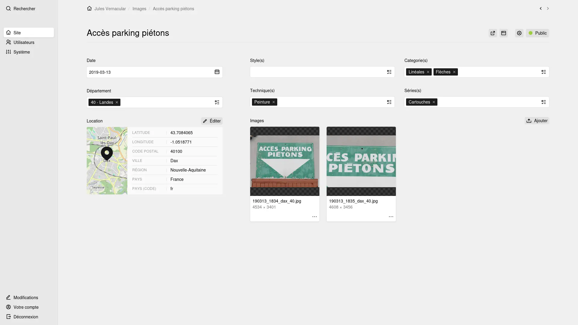 Panel page for a post showing a date field, multiselect tags fields for styles, categories, techniques, series and d&eacute;partement, a location section with map and coordinates, and a files section with image card previews.