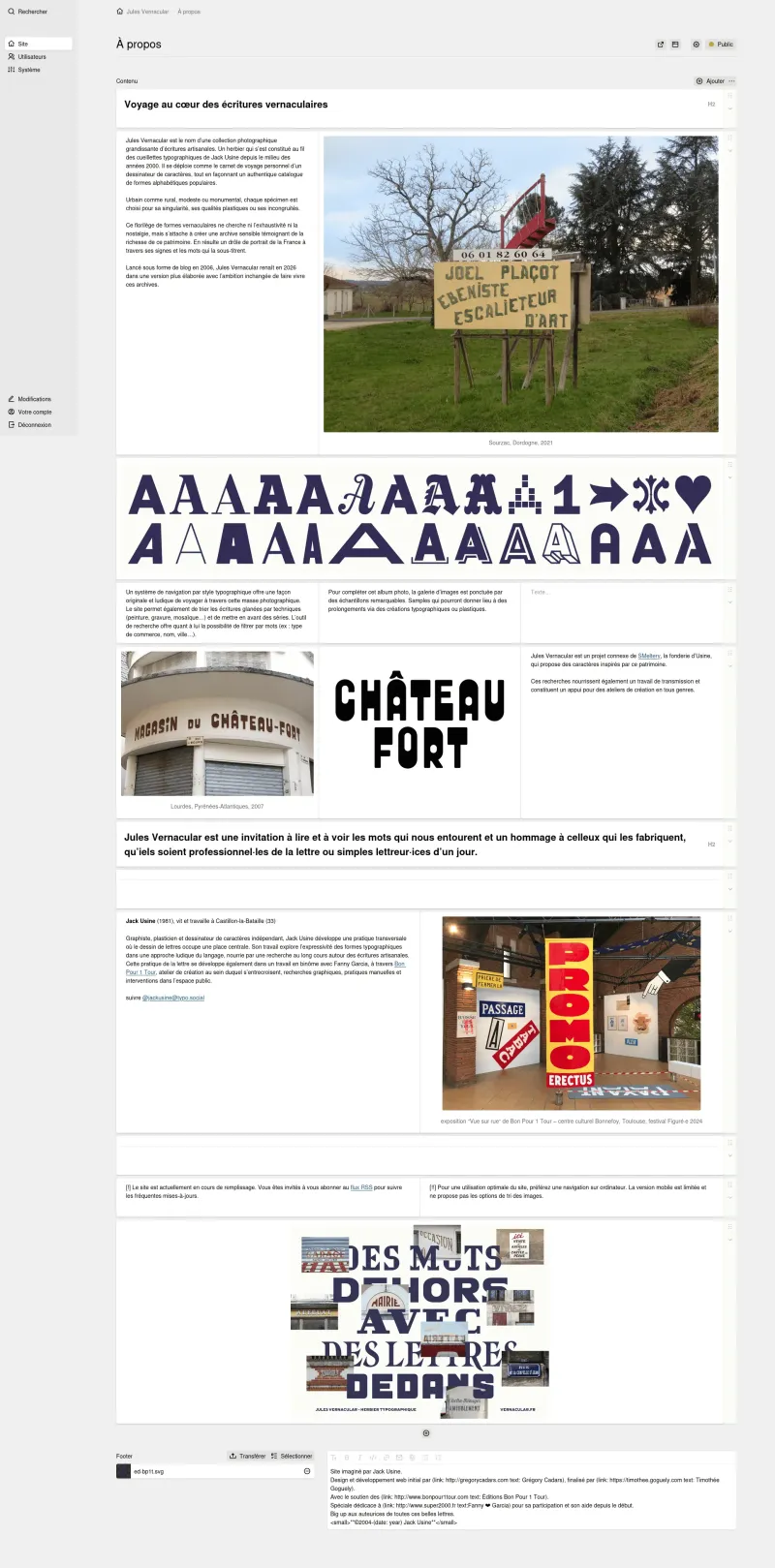 Panel page for "&Agrave; propos" showing a layouts field with text and image blocks.