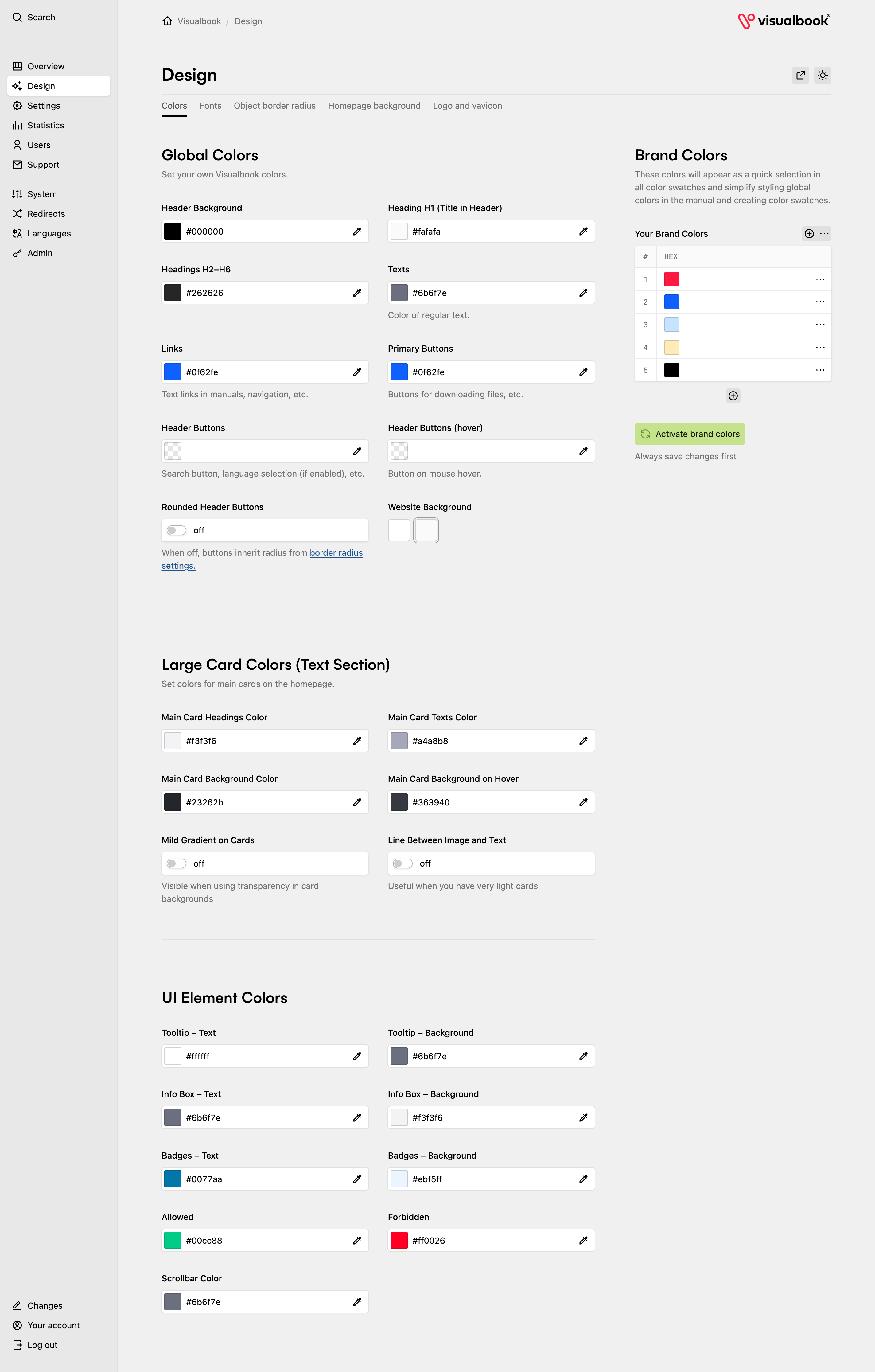 Backend screenshot of demo.visualbook.pro