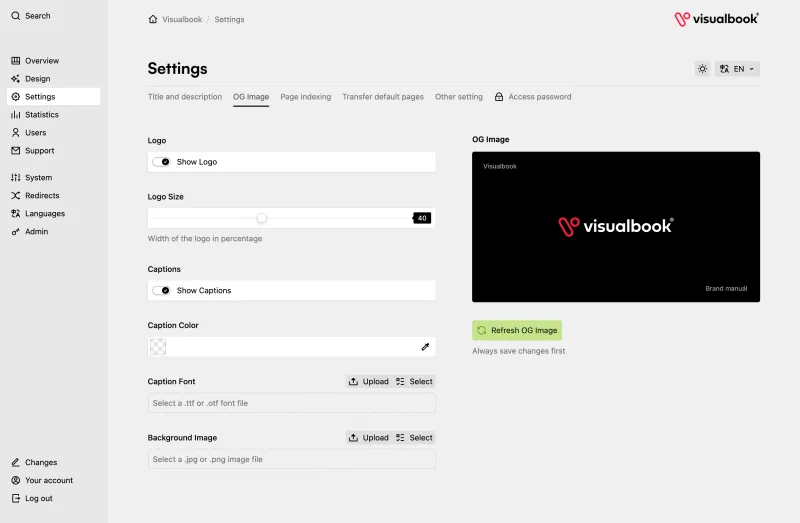 Backend screenshot of demo.visualbook.pro