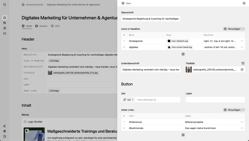Backend screenshot of whatsonjaminds.de