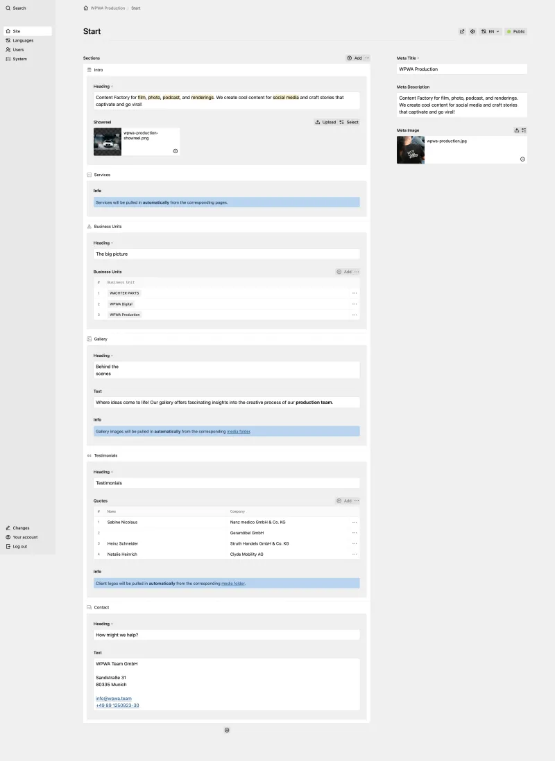 Backend screenshot of wpwa.pro