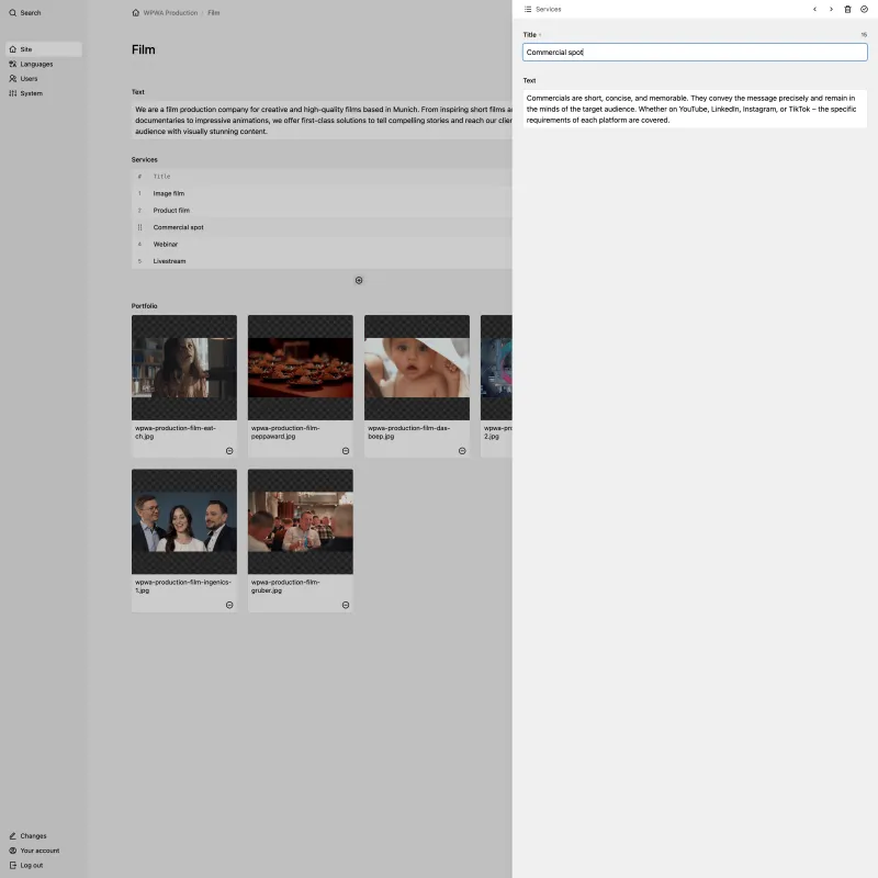 Backend screenshot of wpwa.pro